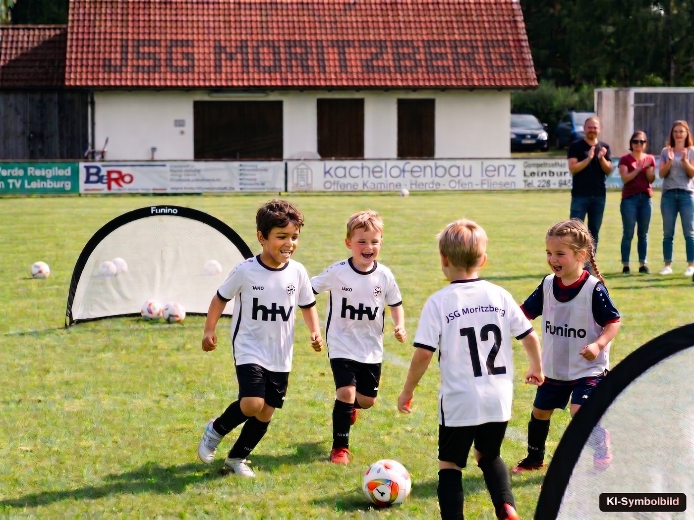 KI-generiertes Symbolbild: G-Jugend-Kinder der JSG Moritzberg beim Funino-Minispiel, zum Schutz der Kinderdaten kein echtes Foto